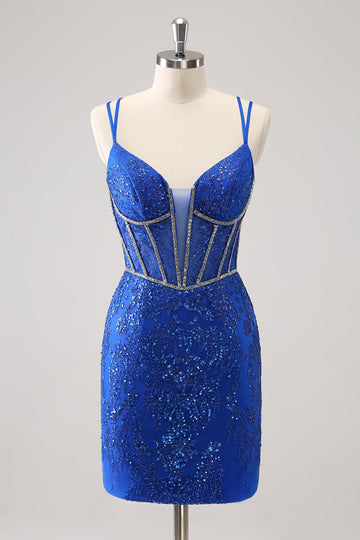 Vestido de fiesta ajustado corto con tirantes finos y lentejuelas brillantes en color azul real